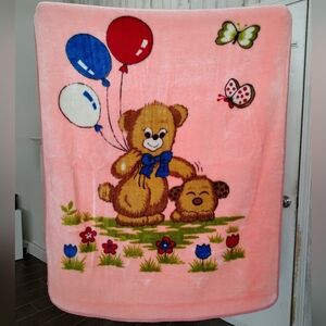 Vintage Baby PINK Blanket Brown Teddy Bear Balloons Brown Puppy Butterflies